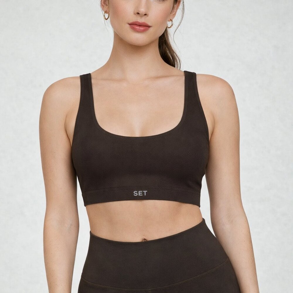 SET Active Sculptflex Box Cut Bra Women's XS Espresso Ribbed Athleisure‎ Lounge